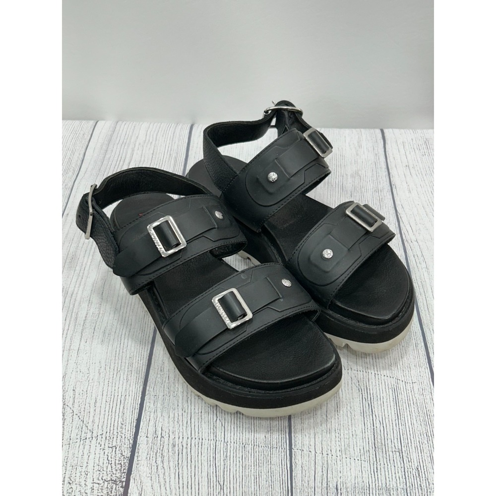 Hunter Sandals Womens Size 8? Black Leather Double Buckle Strap Platform Chunky - Picture 2 of 13